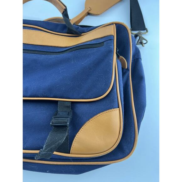 Vintage LL Bean Bag Blue Tan Waxed Canvas Laptop School 18 x 12 Work Career - Picture 3 of 12